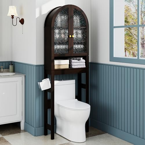 Over The Toilet Storage Cabinet, Arched Bathroom Organizer and Storage with Acrylic Doors and Adjustable Shelf , Space-Saving Modern Freestanding Bathroom Modern Storage Cabinet Over Toilet (Espresso)