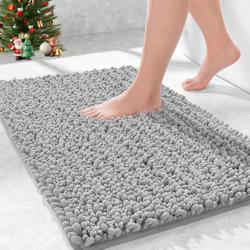 Bathroom Rugs Non Slip Washable 32x20, Extra Thick Soft Chenille Absorbent Bath Mat, High Density Barrier Non Slip Backing, Quick Dry Plush Shaggy Floor Carpet for Tub&Shower, Grey