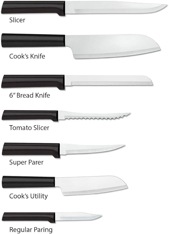 Rada Cutlery Essential Oak Block Set (G258), 8-Piece Block Knife Set, Stainless Steel Blades, Black Handle