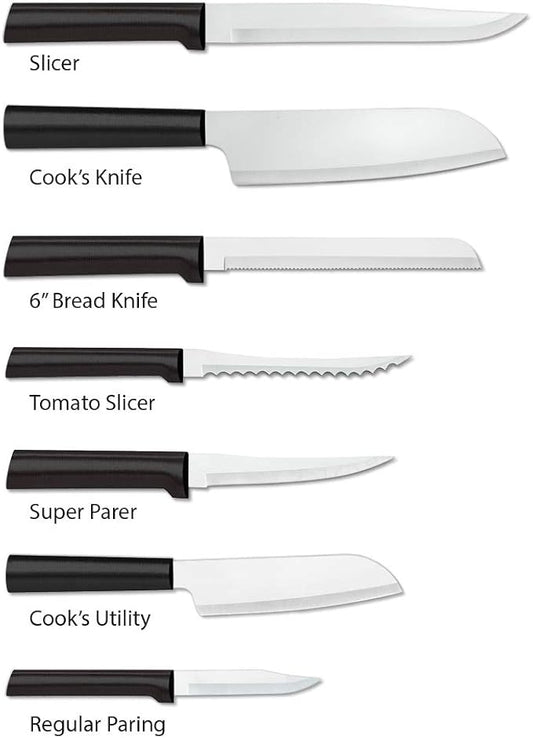 Rada Cutlery Essential Oak Block Set (G258), 8-Piece Block Knife Set, Stainless Steel Blades, Black Handle