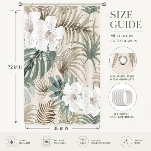 Tropical Shower Curtain for Bathroom, Green Palm Tree Flower Plant Boho Leaf Banana Monstera Sage Beige Shower Curtains Set, Fabric Bathroom Accessories with Hooks 36x72 Inch