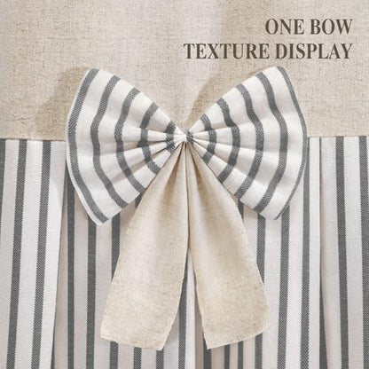 Farmhouse Shower Curtain Linen Bow Pleated Grey Stripe 72"W x 78"L