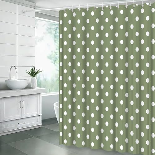 Polka Dot Shower Curtain Sage Green White Retro Spot Vintage Fabric Decorative Bathroom Curtains with Hooks,67" Wx70 H