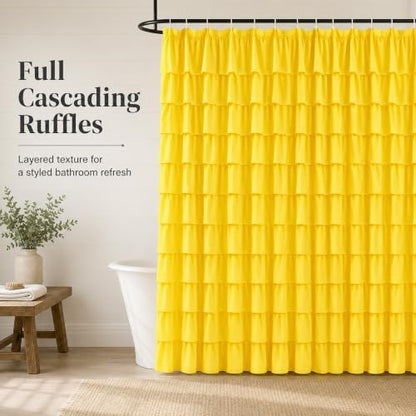 Yellow Shower Curtain for Bathroom, 72 x 84, Soft Ruffled Edge Detailing