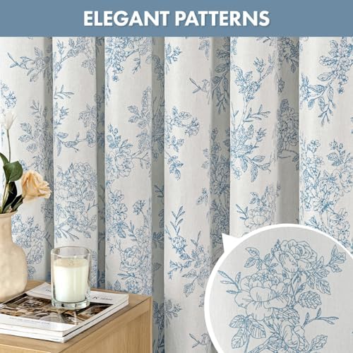 Linen Textured Fabric Blue Floral Shower Curtain W72*L72 Inches