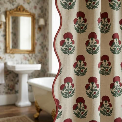 Boomkin Block Print Scalloped Shower Curtain Set with 12 Hooks