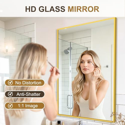 Rectangular Bathroom Mirror, 36"x24" Gold Metal Framed Vanity Mirror