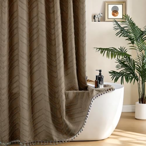 Siiluminisoy Boho Farmhouse Shower Curtain Woven Fabric Khaki Shower Curtain, 72 x 72 Tufted Chevron Textured Striped Modern Farmhouse Minimalist Shower Curtain for Bathroom