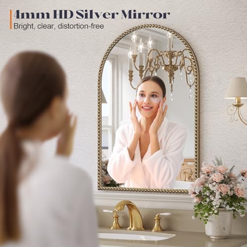 Arched Beaded Mirror, 24"x36" Champagne Bronze Mirror for Bathroom