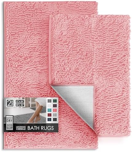 Hearth & Harbor Bathroom Rugs, Chenille Bath Mat - Machine Washable Bath Mats for Bathroom Non-Slip Backing Rubber, Quick Dry Bathroom Mat, 17 x 24 + 20 x 32 - Pink