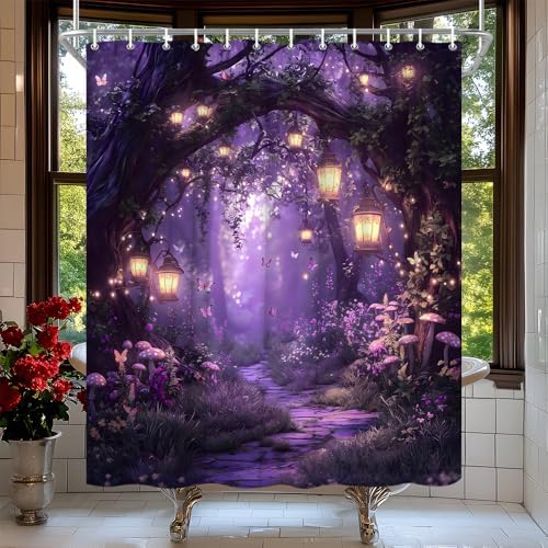 Fantasy Forest Path Shower Curtain Purple Fairy Magical Enchanted Misty Jungle Mushroom Floral Tree Butterfly Lantern Wonderland Bath Curtain Fabric Bathroom Accessories Decor with Hooks 70W x75L