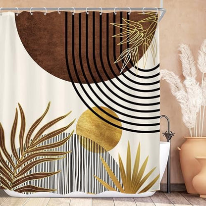 Mid Century Brown Boho Abstract Modern Retro Bathroom Shower Curtain Set