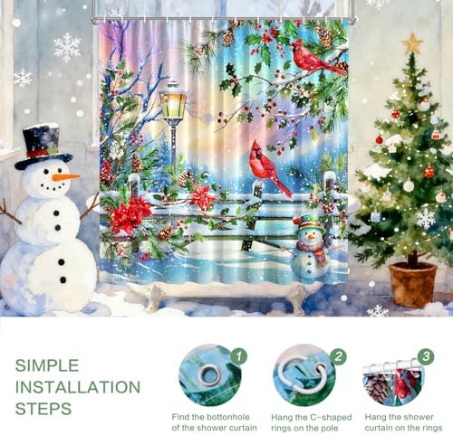 Winter Shower Curtain, Shower Curtains Cardinal Birds Berry Snowman Pine Tree Holiday showercurtain Waterproof Polyester Machine Washable Home Farmhouse Decor Bathroom Curtains