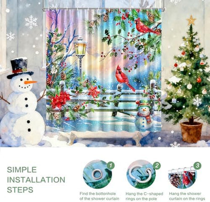 Winter Shower Curtain, Shower Curtains Cardinal Birds Berry Snowman Pine Tree Holiday showercurtain Waterproof Polyester Machine Washable Home Farmhouse Decor Bathroom Curtains