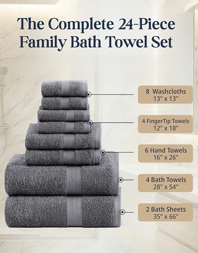 LANE LINEN 100% Cotton Bath Towels Set - 24 PCs - Durable, Quick Dry, Super Soft & Highly Absorbent - 4 Bath, 4 Fingertip, 6 Hand Towels, 8 Washcloths, 2 Bath Sheets - Perfect Family Set - Cool Grey