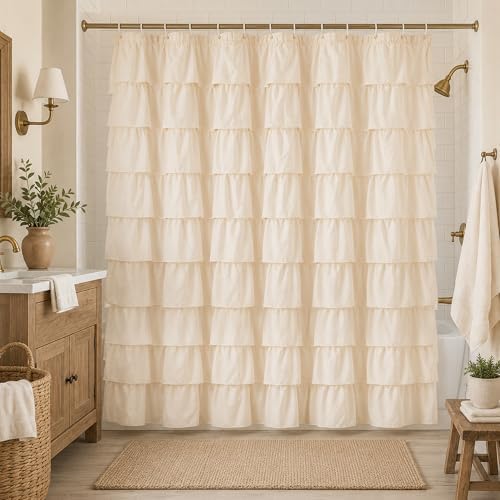 Beige Ruffle Shower Curtain for Bathroom, 72x72, Elegant Ruffled Panle
