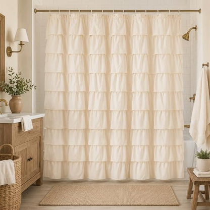 Beige Ruffle Shower Curtain for Bathroom, 72x72, Elegant Ruffled Panle