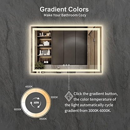 LED Bathroom Mirror, 48x32 Inch Gradient Front and Backlight Lighted Vanity Mirror, 3 Colors Dimmable CRI>90 Double Lights, IP54 Enhanced Anti-Fog, Hanging Plate Wall Mount LED Light Mirror