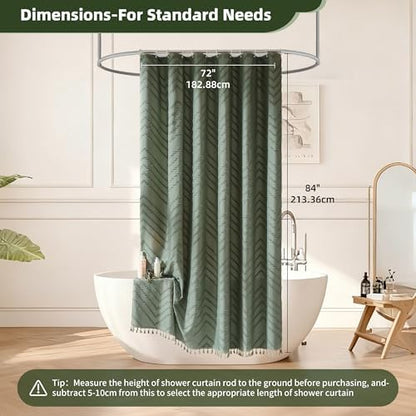 Siiluminisoy Extra Long Sage Green Boho Shower Curtain with Tassel, Woven Fabric 84 in Shower Curtain, Tufted Chevron Striped, 72 x 84, Modern Chic Textured Minimalist Bathroom Shower