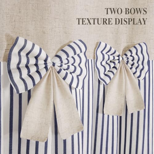 Farmhouse Shower Curtain Linen Bow Pleated Blue Stripe 72"W x 72"L