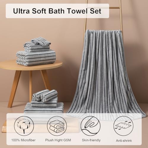 8 Pcs Gray Cabana Stripe Large Bath Towel Set-2 Bathroom Towels,2 Hand Towels,4 Washcloths Lightweight Soft Microfiber Bath Sheet Absorbent Shower Towel Quick Dry Beach Chair Spa Gym Hotel Towels