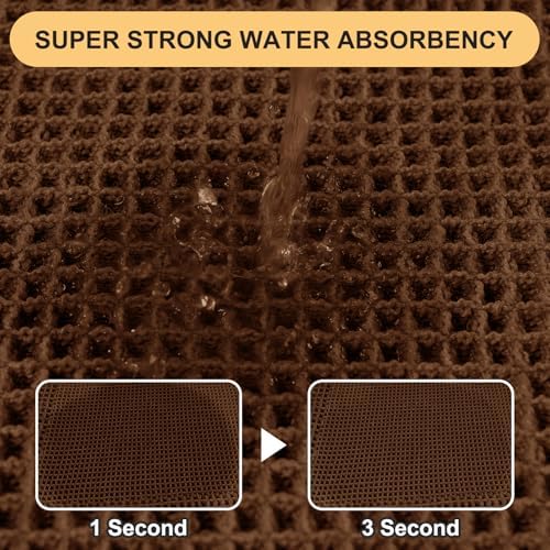 Waffle Bath Mat Set 2 Piece, Boho Woven Modern Bath Rug Absorbent Non Slip, Ultra Soft Bathroom Mats, Machine Washable Knit Bath Rugs with Border for Bathroom, Bedroom, Kitchen, Shower, Tub, Brown