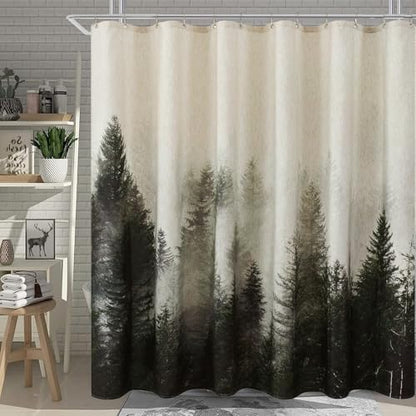 ORTIGIA Dark Green Misty Forest Linen Shower Curtain Nature Mountain Tree Woodland Shower Curtain Set for Bathroom Heavy Blend Fabric Curtains with 12 Metal Hooks 72x72 Inch