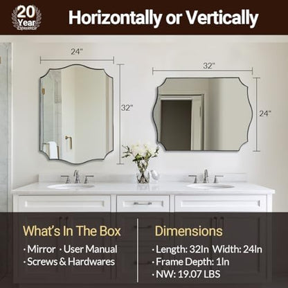 ANDY STAR Brushed Nickel Mirror, 24x32 Inch Unique Mirror for Bathroom, Silver Bathroom Vanity Mirror, Modern Curved Design, Rust-Proof Stainless Steel Metal Frame