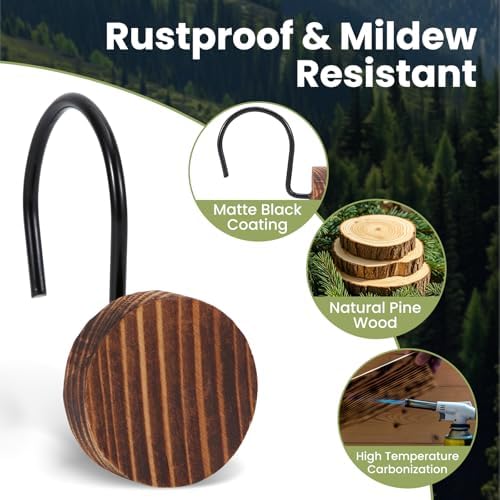Wood Shower Curtain Hooks Rust Proof, Boho Shower Curtain Hooks Decorative, 24 Pack Shower Hooks for Shower Curtain, Shower Curtain Hangers Hooks (Brown,24)