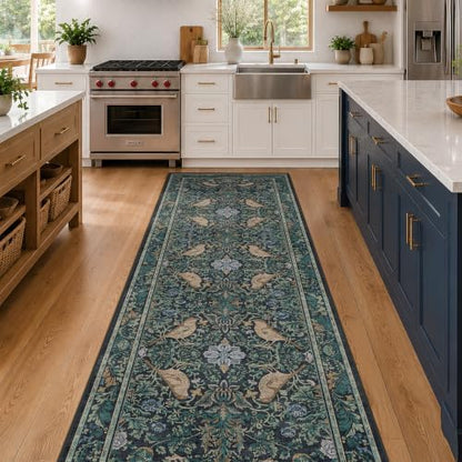 Hazo Haus Boho Blue 2x7 Extra Long Runners for Large Kitchen - Vintage Floral Runner Rug for Bathroom, Hallway, Laundry Room, Bedroom, Entrance, Washable Non Slip Low Pile
