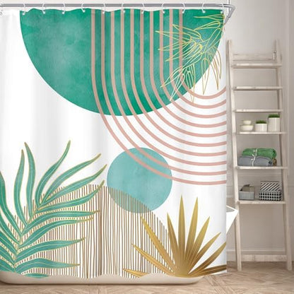 Mid Century Green Pink Boho Abstract Modern Bathroom Shower Curtain Set