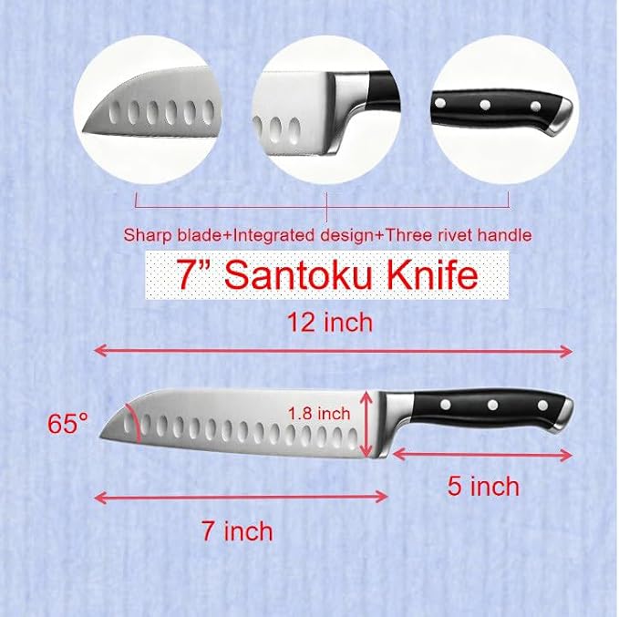 7 Inch High Carbon Steel Santoku Knife, Triple Rivet Kitchen Knives with Ergonomic Handle, Ultra Sharp Japanese Knife for Slicing, Dicing, Chopping Vegetables Meat and Fish
