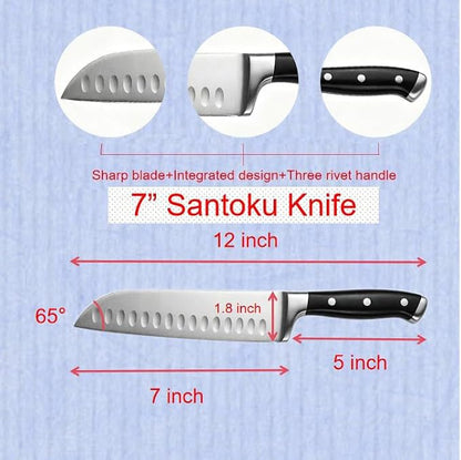 7 Inch High Carbon Steel Santoku Knife, Triple Rivet Kitchen Knives with Ergonomic Handle, Ultra Sharp Japanese Knife for Slicing, Dicing, Chopping Vegetables Meat and Fish