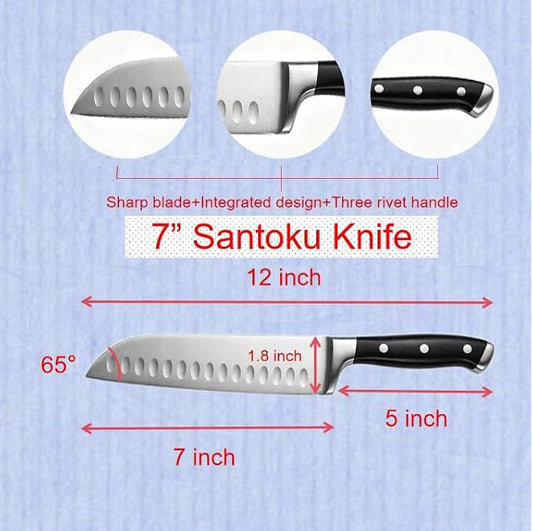 7 Inch High Carbon Steel Santoku Knife, Triple Rivet Kitchen Knives with Ergonomic Handle, Ultra Sharp Japanese Knife for Slicing, Dicing, Chopping Vegetables Meat and Fish