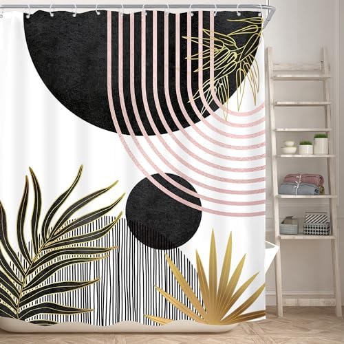 Mid Century Black Pink Boho Abstract Modern Bathroom Shower Curtain Set