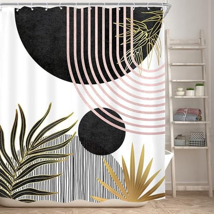 Mid Century Black Pink Boho Abstract Modern Bathroom Shower Curtain Set