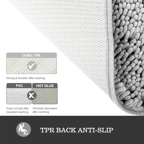 Yeaban Chenille Gray Bathroom Rug 20"x32", Non-Slip Rubber Backing