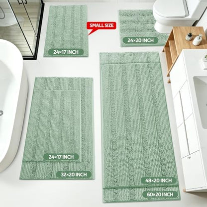 ACCUMTEK Tauso Striped Sage Green Bathroom Rug Set 3 Pieces Ultra Soft, Non Slip Chenille Toilet Mat, Absorbent Plush Shaggy Bath Mats for Bathroom, Bedroom, Kitchen
