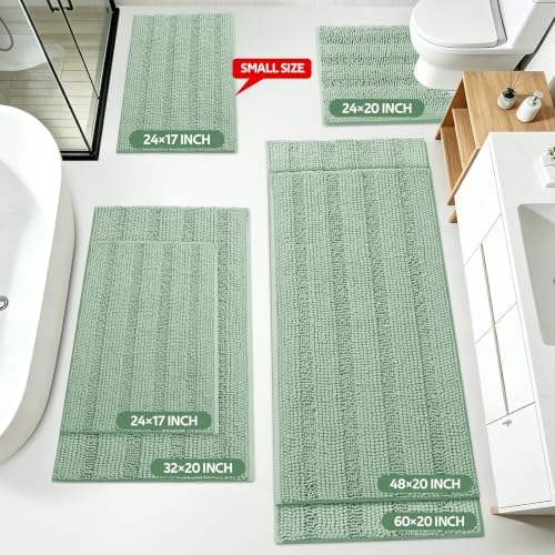 Christmas Striped Sage Green Bathroom Rug Mat Set 2 piece 32"x20"+24"x17" Ultra Soft, Non Slip Chenille Bath Rugs, Absorbent Plush Shaggy Bath Mats for Bathroom, Bedroom, Kitchen, Shower, Tub