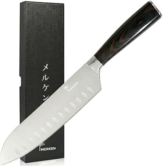 MERKEN Santoku Knife 7 Inch Japanese Multipurpose Kitchen Knife, Pakkawood Handle