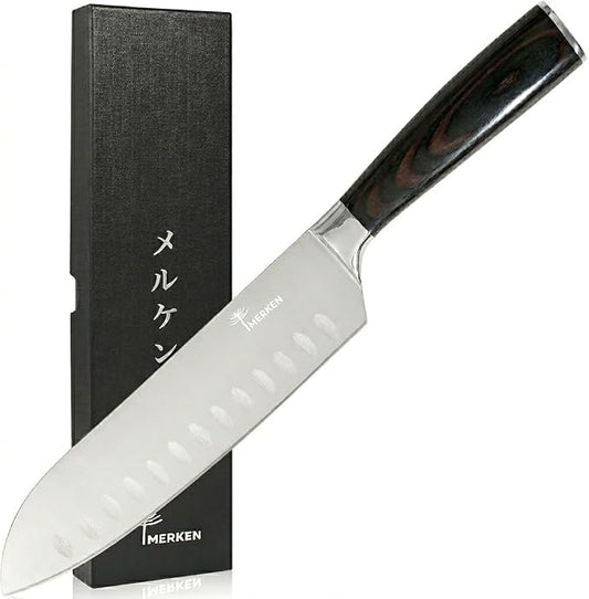 MERKEN Santoku Knife 7 Inch Japanese Multipurpose Kitchen Knife, Pakkawood Handle