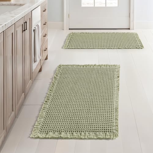 MIULEE Set of 2 Waffle Bathroom Rugs Boho Bath Mat Sage Green 17x24 Inch