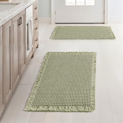 MIULEE Set of 2 Waffle Bathroom Rugs Boho Bath Mat Sage Green 17x24 Inch