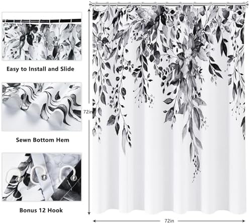 Shower Curtain Black and White Shower Curtains for Bathroom,Watercolor Leaf Shower Curtain Sets Waterproof Plant Eucalyptus Shower Curtain Leaves Bathroom Curtains 72x72 in with Hooks
