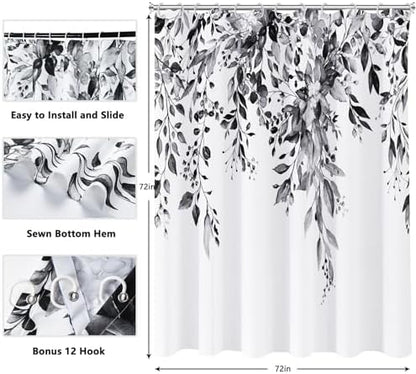 Shower Curtain Black and White Shower Curtains for Bathroom,Watercolor Leaf Shower Curtain Sets Waterproof Plant Eucalyptus Shower Curtain Leaves Bathroom Curtains 72x72 in with Hooks