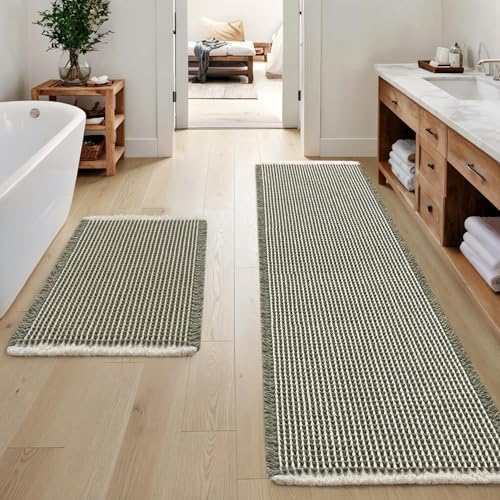 MIULEE Set of 2 Waffle Bathroom Rugs Green&Cream Bath Mat 17"x24"+17"x48"