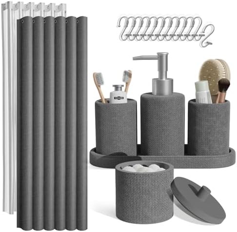 Clara Clark Bathroom Set - Grey Bathroom Accessories Set, 19PC Bathroom Accessory Set, Bathroom Sets with Shower Curtain Set, Soap Dispenser & Toothbrush Holder