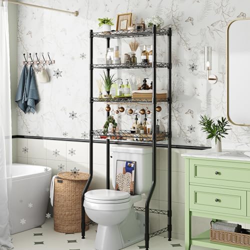 Simple Trending 4 Tier Over The Toilet Storage Rack, Bathroom Organizers and Storage Over Toilet with Adjustable Shelf and Basket, (Black)