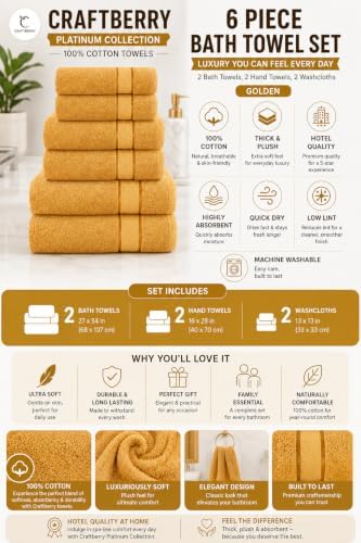 6 Piece Bath Towel Set, 2 Bath, 2 Hand, 2 Washcloths, Gold