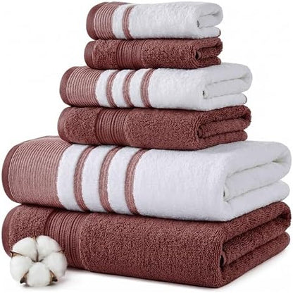 Modern Threads 6 Piece Bath Towel Set – Bathroom Towel Set with 2 Bath Towels, 2 Hand Towels & 2 Washcloths – 100% Cotton, Soft & Absorbent – Classic Border Stripe (Rose)